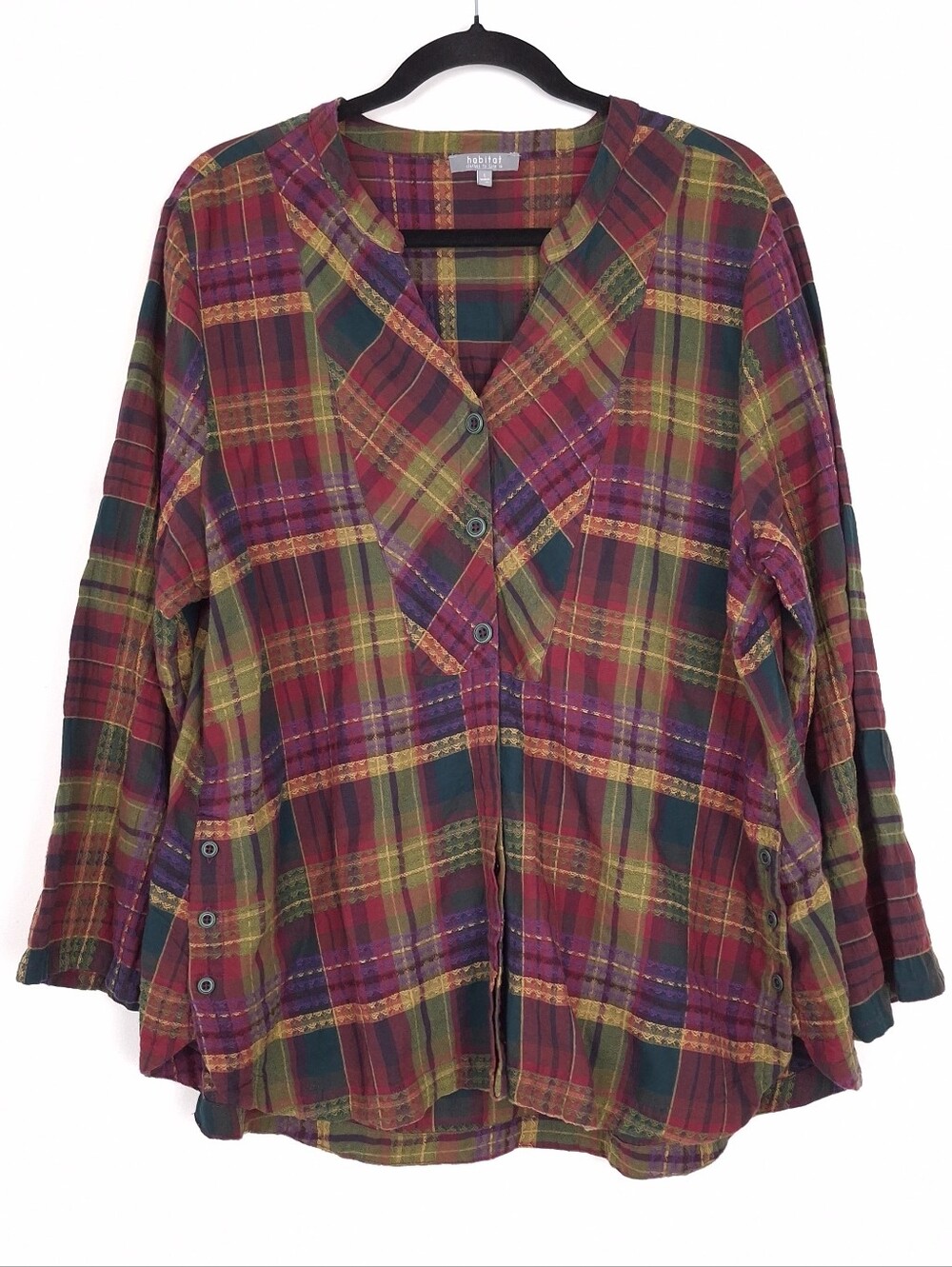 Habitat plaid button up shirt long sleeve Lagenlook artsy boho fall relaxed fit